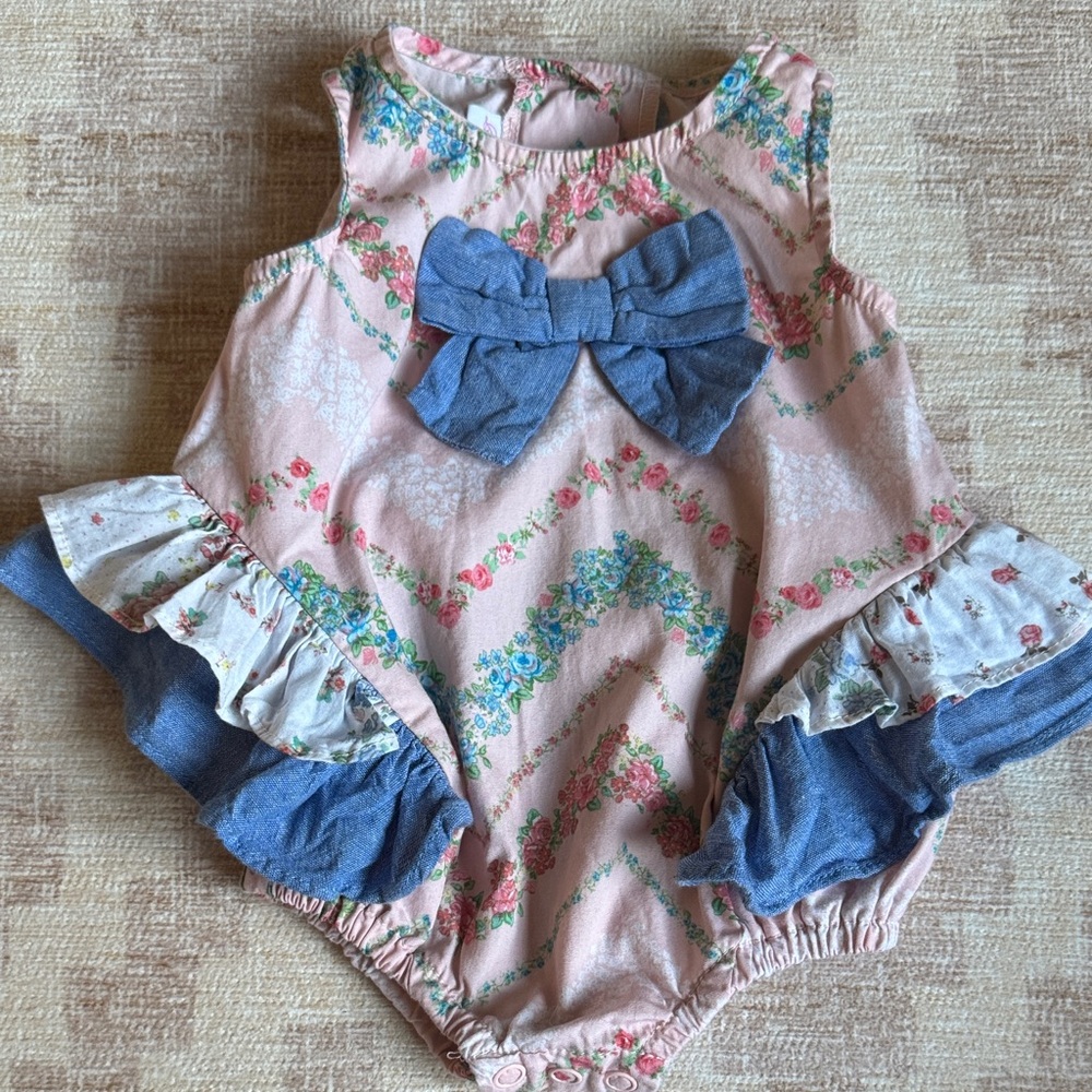 Bonnie Baby Pink and Blue Floral Ruffled Romper size 3-6M